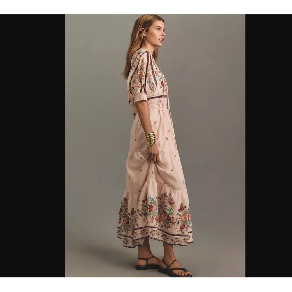 NWT Anthropologie Puff Sleeve Somerset Blush Floral Tiered Maxi Dress Small - Picture 2 of 9
